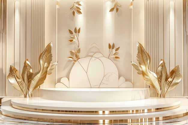 Luxurious Gold and White Stage Podium Elegant and Modern Platform Adorned with Golden Leaves