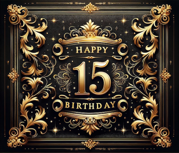 Luxurious golden 15th birthday celebration card with ornate floral designs and elegant typography