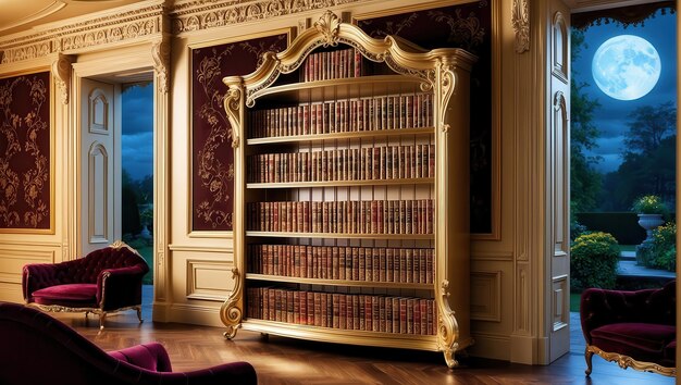 Photo a luxurious golden bookshelf crafted with precision stands majestically in a lavishly furnished