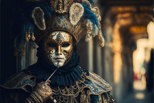 A luxurious golden male costume of Venice Carnival Character on a black background Generative AI