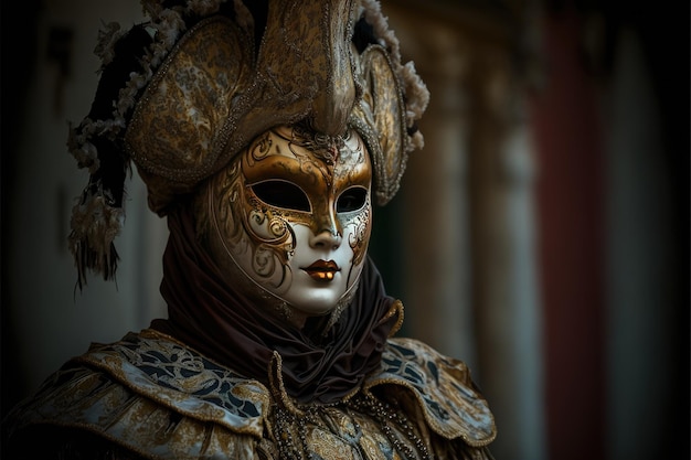 A luxurious golden male costume of Venice Carnival Character on a black background Generative AI