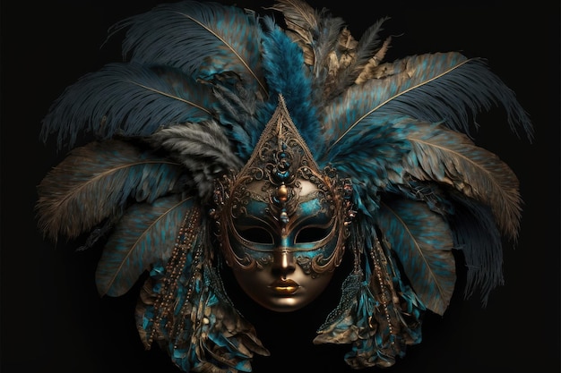 A luxurious golden mask with feathers on a black background Generative AI