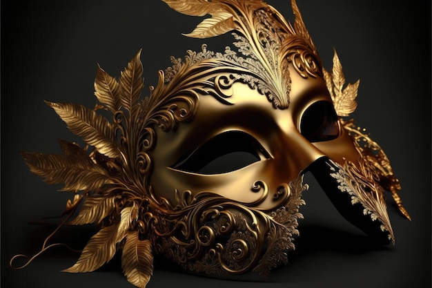 A luxurious golden mask with feathers on a black background Generative AI