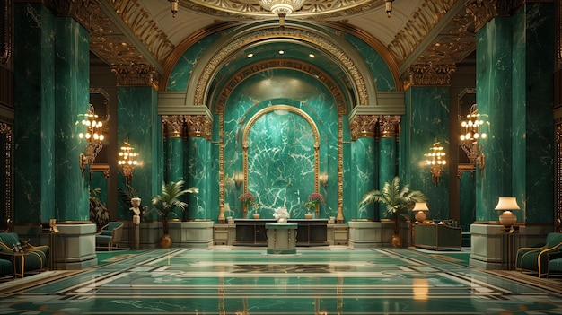 Luxurious green marble hotel lobby interior design