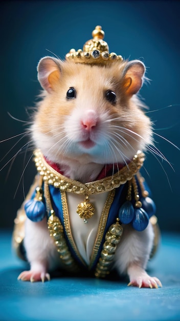 Photo a luxurious hamster dressed like royalty on a vibrant blue background generative ai