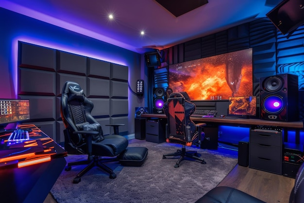 Photo luxurious highend gaming room with advanced equipment and cozy ambiance at night