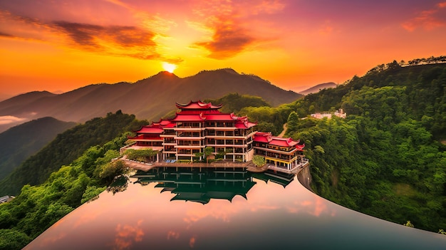 A luxurious hilltop resort with an infinity pool that blends into the sunset horizon