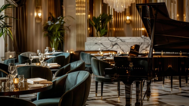 Photo luxurious hotel dining area featuring plush velvet chairs with gold accents and a live pianist