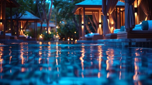 Photo luxurious hotel pool featuring cabanas with ambient lighting