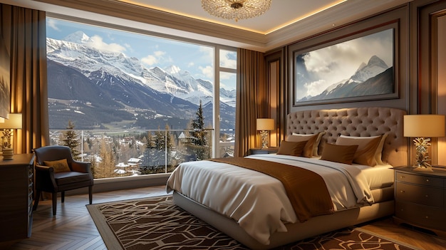 Photo luxurious hotel room features kingsize bed with elegant decor and city view