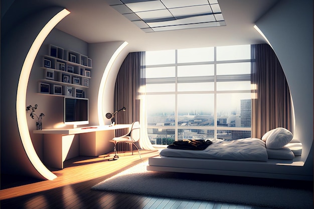 Luxurious Hotel Room Modern Bedroom Interior with a Large Window Generative AI Illustration