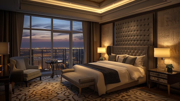 Luxurious hotel room showcasing elegant decor with city view