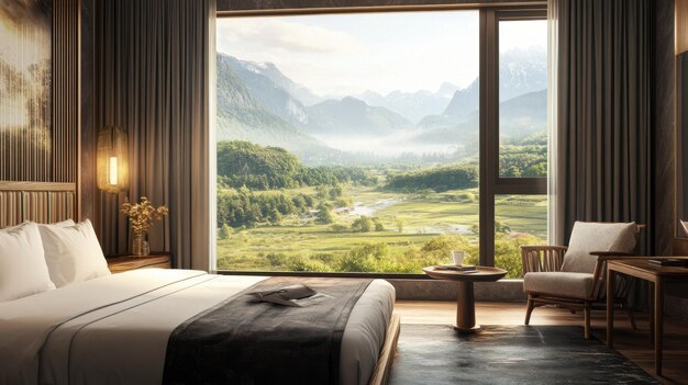 Photo luxurious hotel room with a view of a peaceful valley