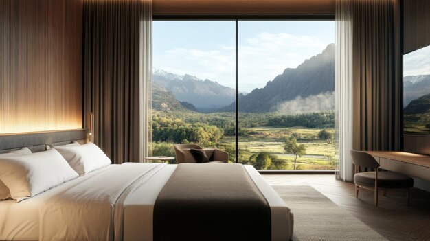 Photo luxurious hotel room with a view of a peaceful valley