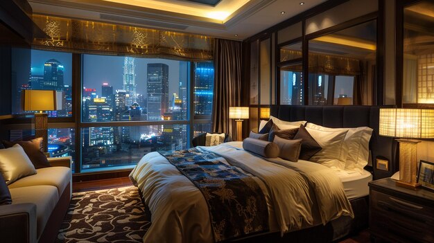 Luxurious hotel suite showcasing kingsize bed with elegant decor and city view