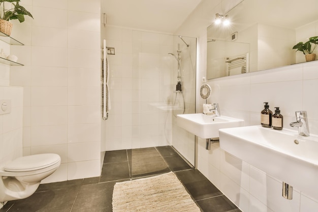 A luxurious huge bathroom with two sinks