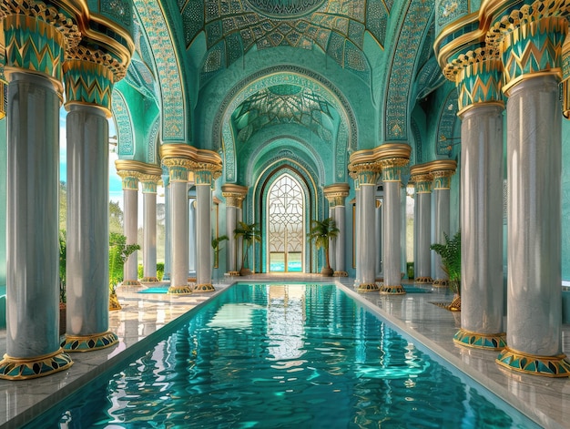 Photo luxurious indoor pool surrounded by elegant architecture in a grand tropical oasis