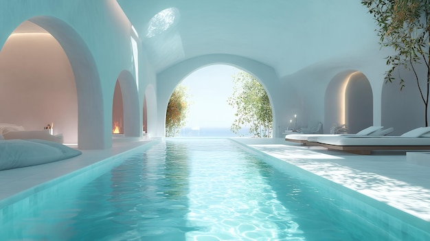 Photo a luxurious indoor pool with an arched ceiling clear blue water and a view of the ocean