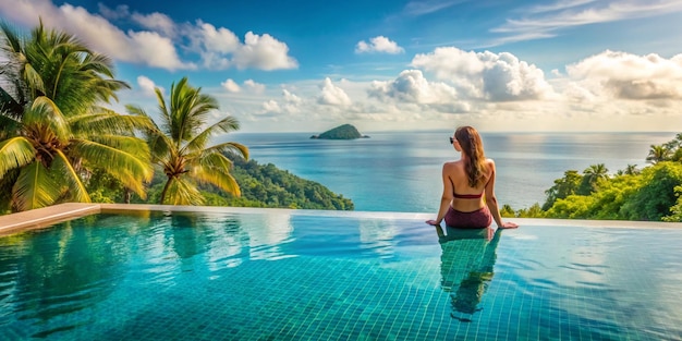 Photo luxurious infinity pool young woman relaxing by the waters edge with tropical sea view