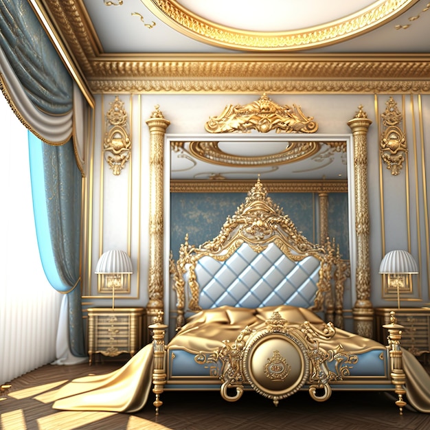 Luxurious interior Bedroom in a royal house with a bed a mirror 3d rendering. raster illustration