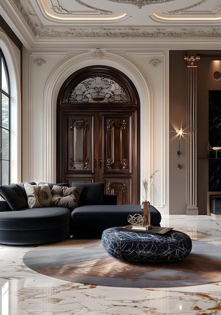 Photo luxurious interior design with an arched entryway marble floors a ceiling fresco and a blue velvet sofa