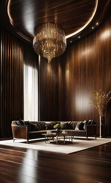 Luxurious interior with vertical lambrene panels in a rich walnut finish modern and elegant space