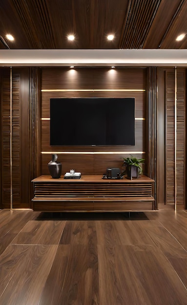 Luxurious interior with vertical lambrene panels in a rich walnut finish modern and elegant space