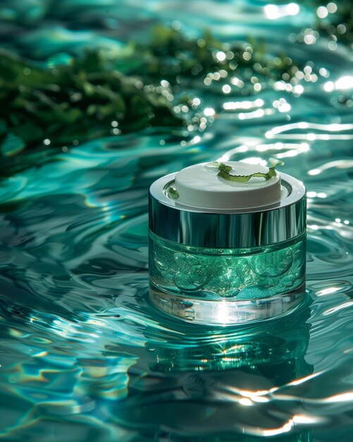 A luxurious jar of cream floats on a tranquil aqua sea