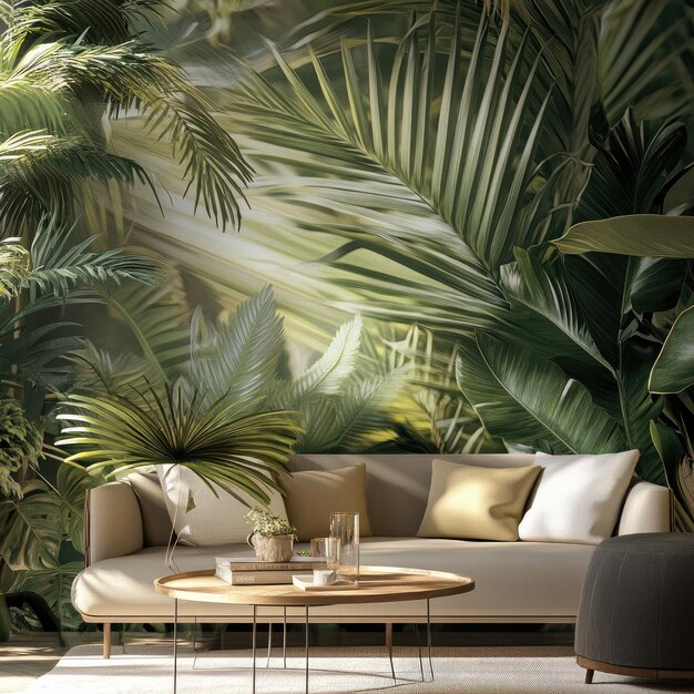 Photo luxurious junglethemed living room with palm leaf wallpaper