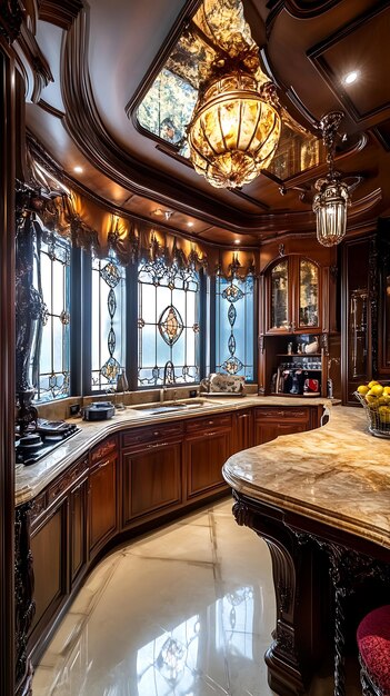 Photo luxurious kitchen interior with stained glass windows and ornate details