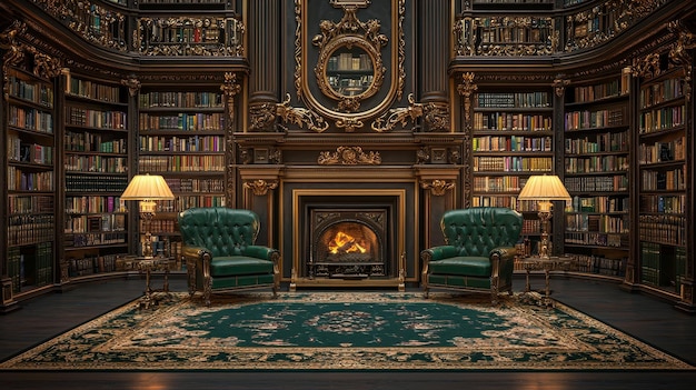 Luxurious Library Interior with Fireplace and Ornate Bookcases