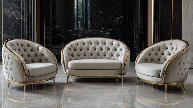 Photo luxurious living room furniture set with golden frame and button tufted upholstery on marble floor