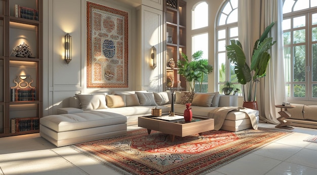 Luxurious living room interior with large windows and plants