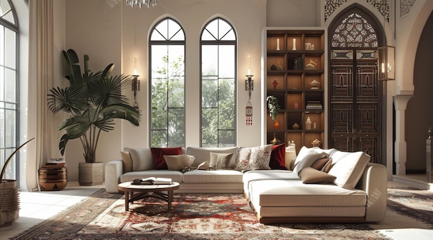 Luxurious living room interior with large windows and plants