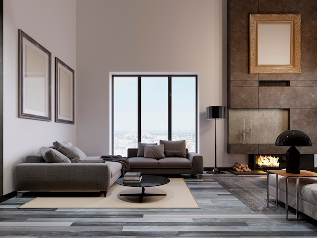 Luxurious living room in a loft design, with a high ceiling and a large corner sofa near the panoramic window. Large concrete fireplace with fire. Pictures of mockup on the wall. 3d rendering.