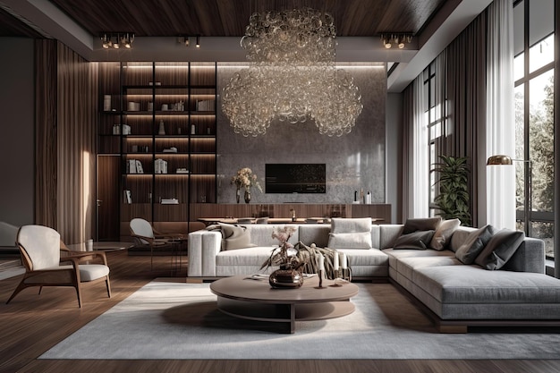 Luxurious living room with elegant furniture and a sparkling chandelier Generative AI