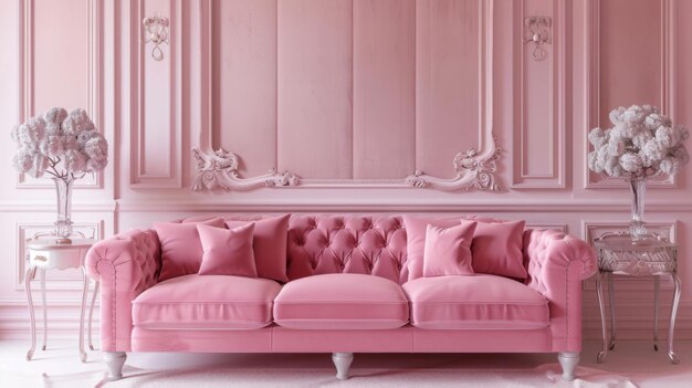 Photo luxurious living room with pink sofa and floral deco an opulent living room with a plush pink