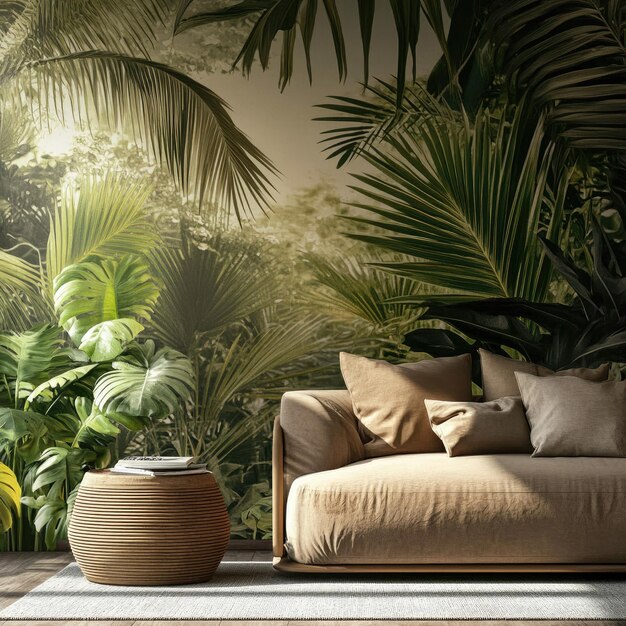 Photo luxurious living room with tropical jungle wallpaper and palm leaves