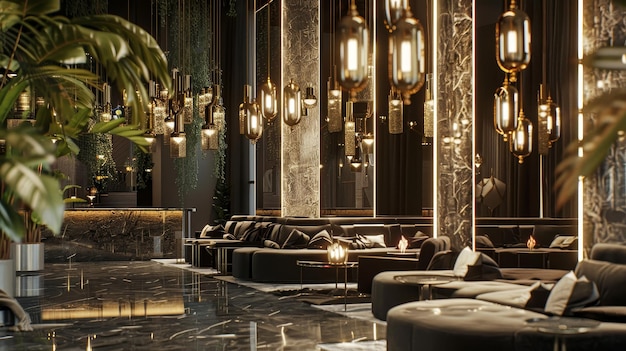 Luxurious Lobby with Mirrored Surfaces and Velvet Upholstery