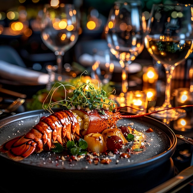 Luxurious Lobster Dinner with Herb Garnish Candlelit Fine Dining Experience in HighEnd Restaurant