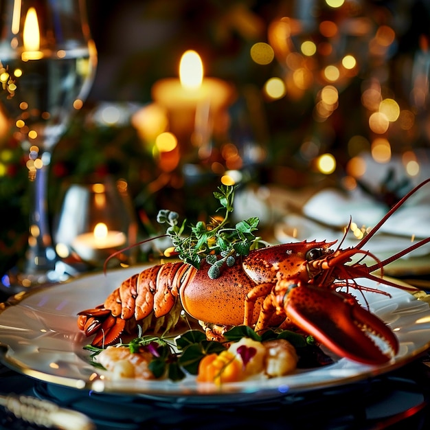 Photo luxurious lobster dinner with herb garnish candlelit fine dining experience in highend restaurant