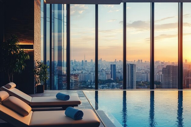 Photo luxurious lounge area with pool and stunning city skyline view at sunset