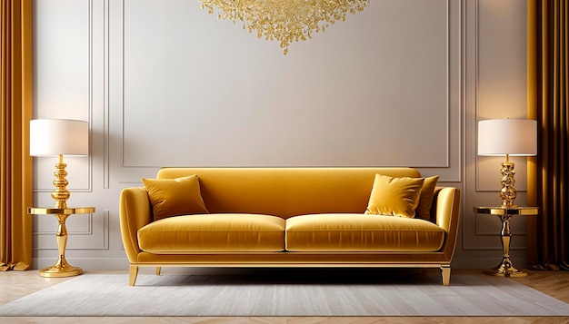 Luxurious lounge golden sofa and stylish decor elements in the living room