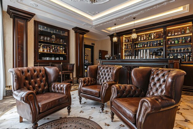 Luxurious lounge with leather chairs and stylish bar area