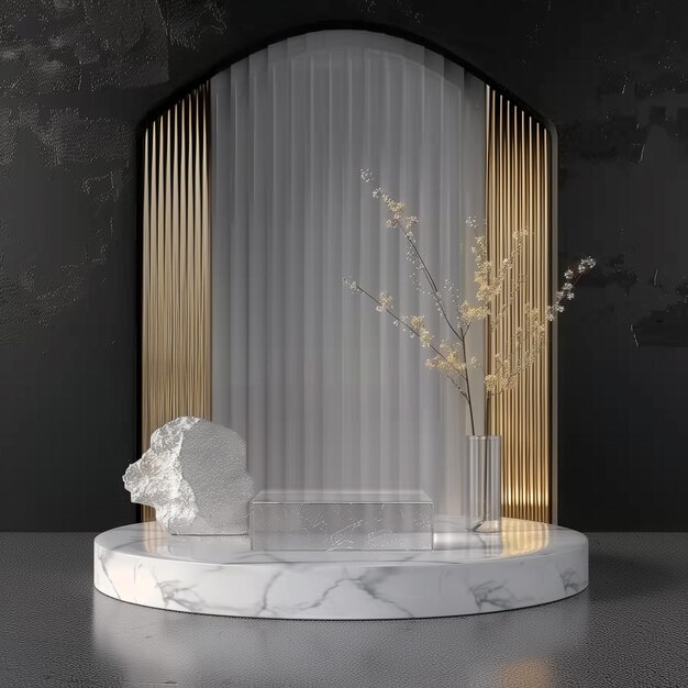 Photo luxurious marble podium with gold accents floral arrangement dramatic lighting