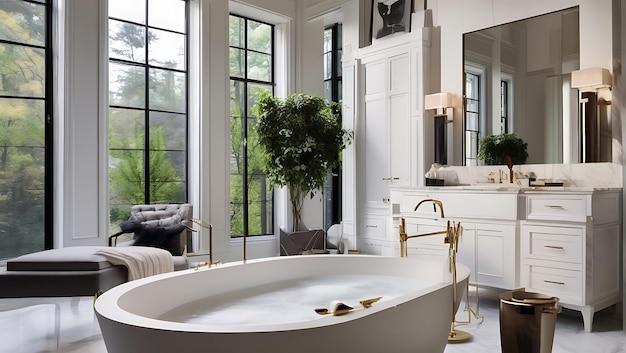 Photo luxurious master bath with a freestanding tub and marble details