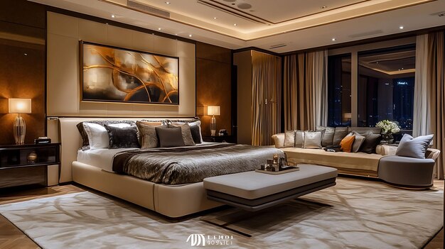 Photo luxurious master bedroom elegant wall art kingsized bed and a chic sofa designed with sophistication