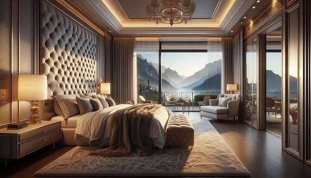 Luxurious Master Bedroom with Panoramic Mountain View and Elegant decor