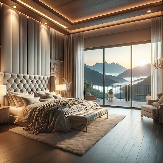 Luxurious Master Bedroom with Panoramic Mountain View and Elegant decor