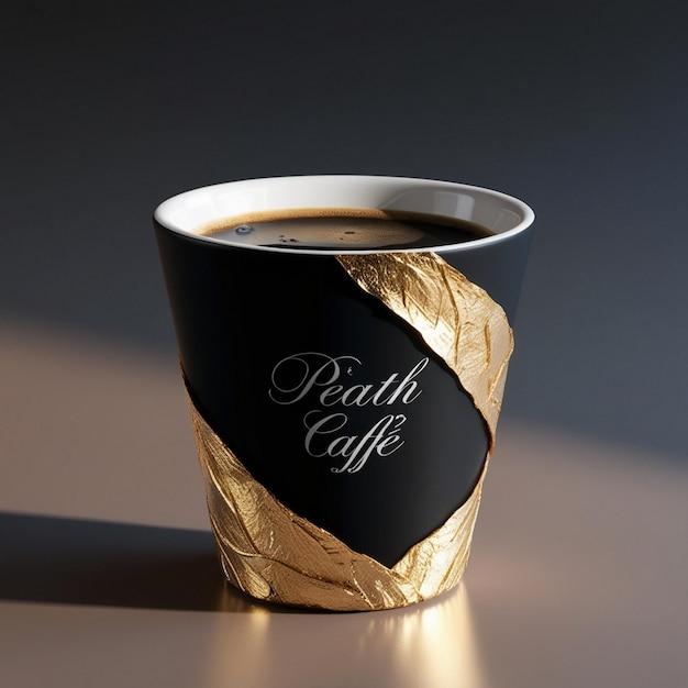 Photo luxurious matte black coffee cup with gold leaf detailing